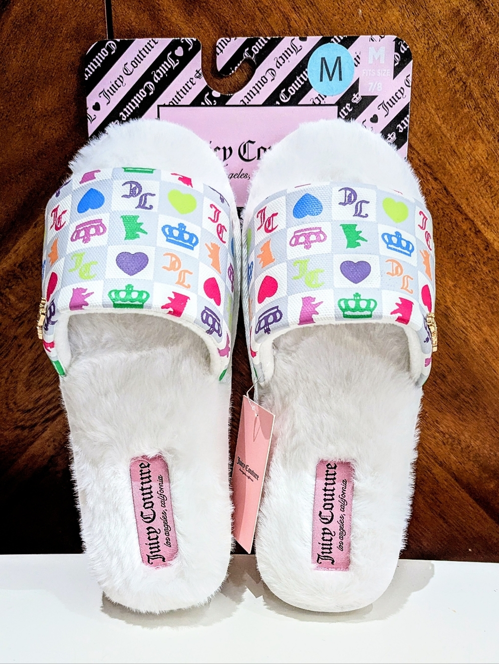 New JUICY COUTURE Checkered Icon Logo Retro House Slippers Slides M 7/8
